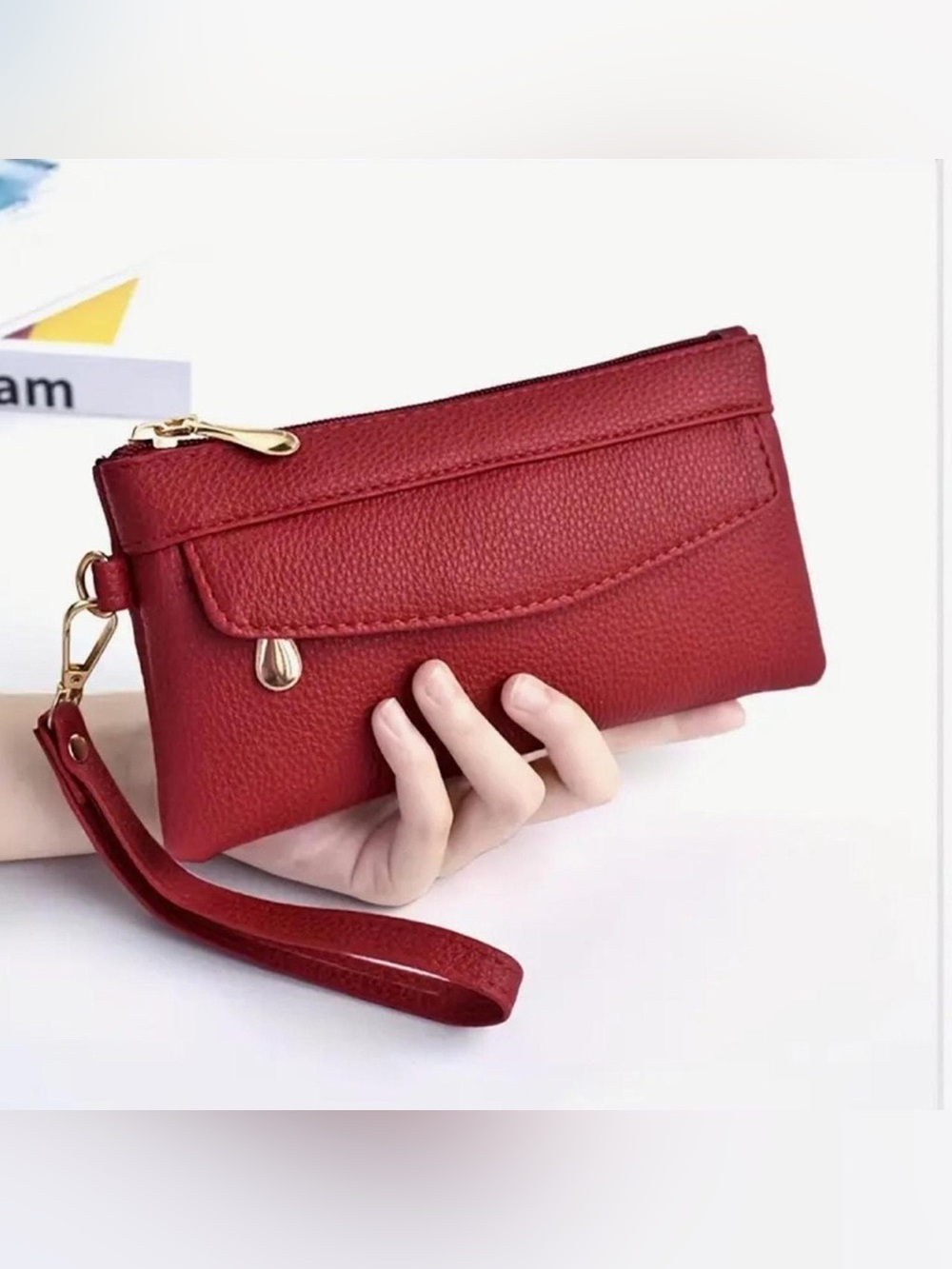 Women's Red Leather Wristlet Clutch Wallet